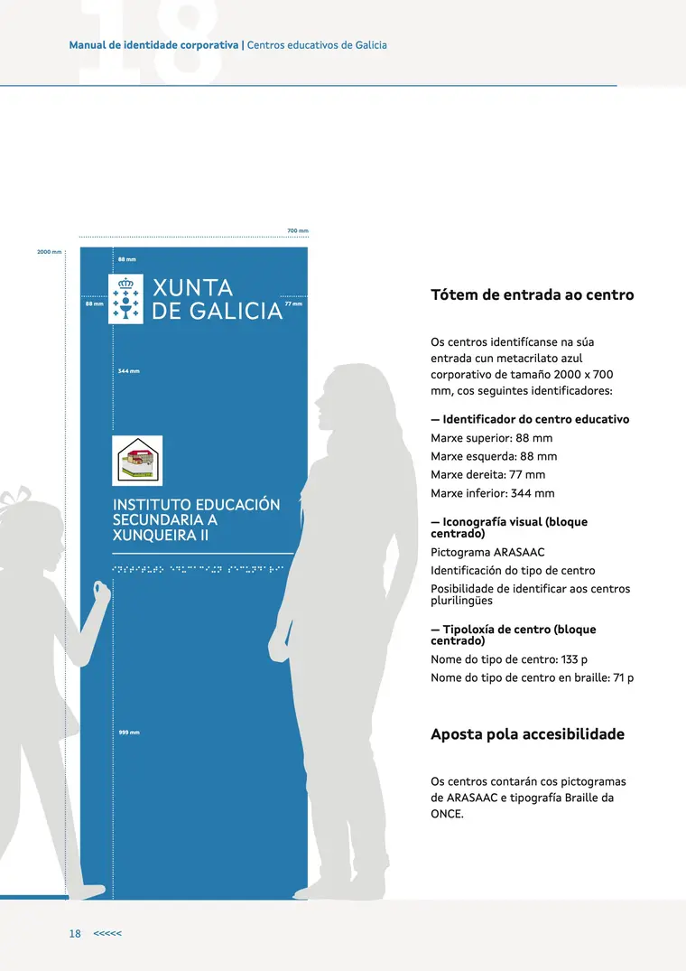 Manual de identidade corporativa, páxina 18: Tótem de entrada ao centro