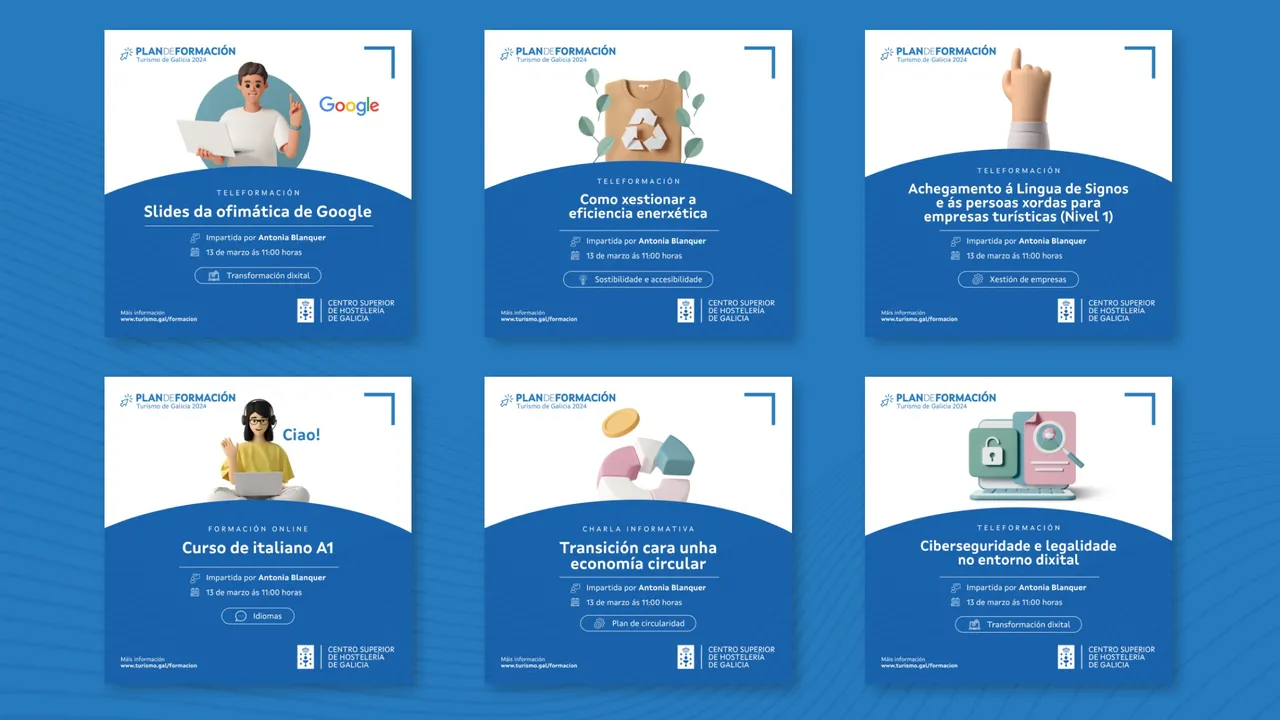 Seis piezas para redes sociales de distintos cursos del Plan de Formación